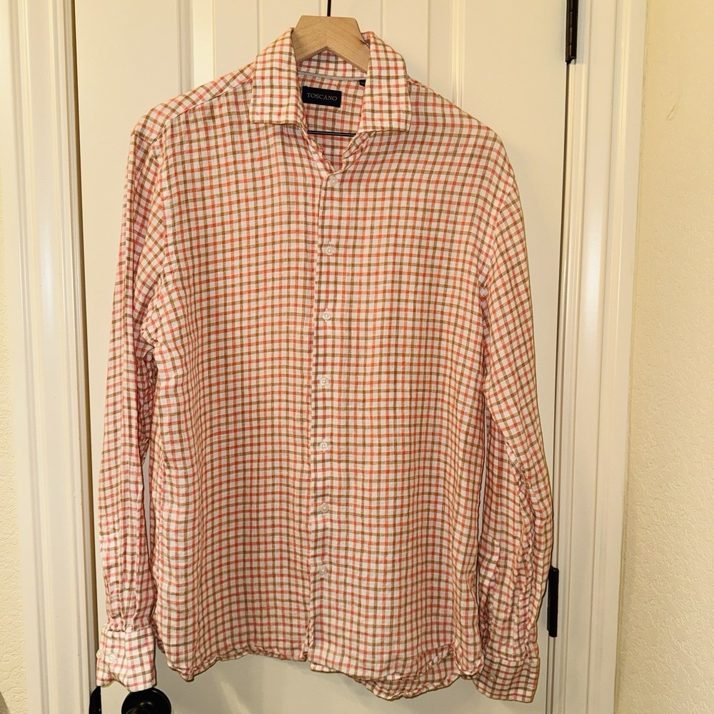 Toscano Patrick Assaraf Men's M Linen Shirt Orange Plaid Gingham Long Sleeve - Picture 6 of 7